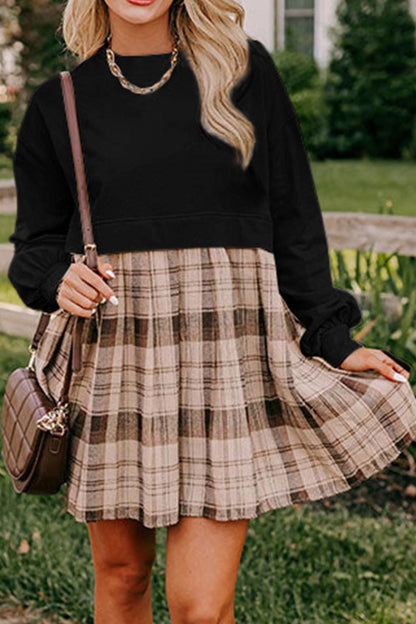 Vintage Plaid Round Neck Long Sleeve Mini Dress Cozy & Stylish Dress Retro Design Dress For Party