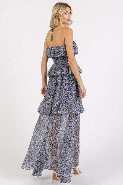 Ruffled Smocked Floral Halter Neck Maxi Dress For Summer – Feminine and Elegant Floral Maxi Dress with Smocked Waist