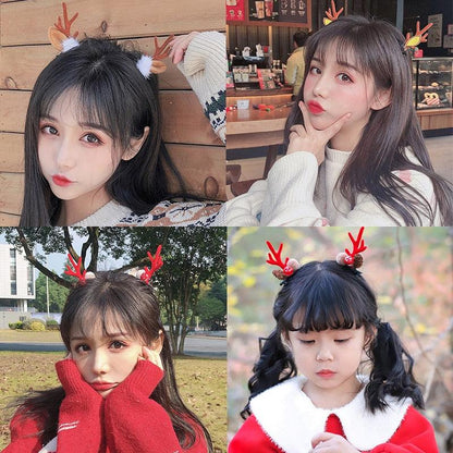 2pcs Cute Deer Ear Hairpins Christmas Hair Clips For Girls Cartoon Antlers Barrettes Lovely Pompom Hairgrips Fashion Hair Accessories For Women