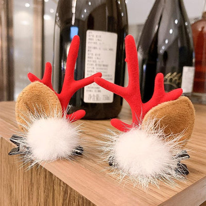 2pcs Cute Deer Ear Hairpins Christmas Hair Clips For Girls Cartoon Antlers Barrettes Lovely Pompom Hairgrips Fashion Hair Accessories For Women