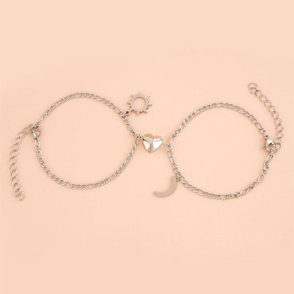 2Pcs Sun Moon Charm Magnet Attraction Stainless Steel Bracelets For Couples Men Women Jewelry Couples Bracelets For Women Men Stainless Steel Heart Magnet Bracelets For Couples Matching Bracelets For Boyfriend And Girlfriend