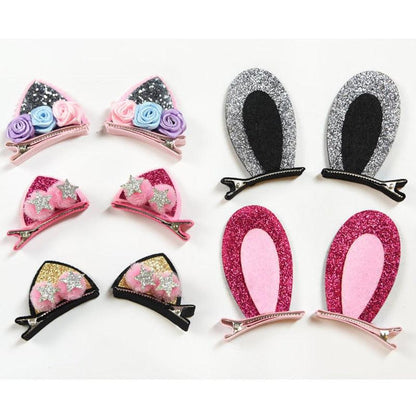 2pcs/Set Cute Hair Clips For Girls Glitter Rainbow Felt Fabric Flowers Hairpins Cat Ears Bunny Barrettes Kids Hair Accessories for Halloween Parties Cosplay for Girls
