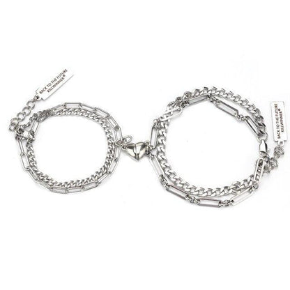 2pcs/Set Stainless Steel Double Chain Vintage Couple Bracelet Heart Magnet Attractive Magnetic Bracelet Oval Chain Paperclip Chain Double Layer Love Heart Magnet Bangle Bracelets Hypoallergenic Engraved Adjustable Couple Bracelet Set Gifts For Women Men