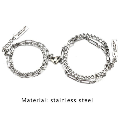 2pcs/Set Stainless Steel Double Chain Vintage Couple Bracelet Heart Magnet Attractive Magnetic Bracelet Oval Chain Paperclip Chain Double Layer Love Heart Magnet Bangle Bracelets Hypoallergenic Engraved Adjustable Couple Bracelet Set Gifts For Women Men