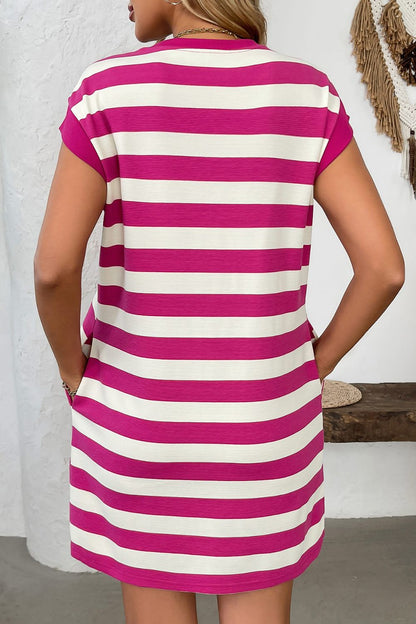 Simple Contrast Striped Round Neck Short Sleeve Mini Dress Casual & Comfortable Everyday Dress for Women