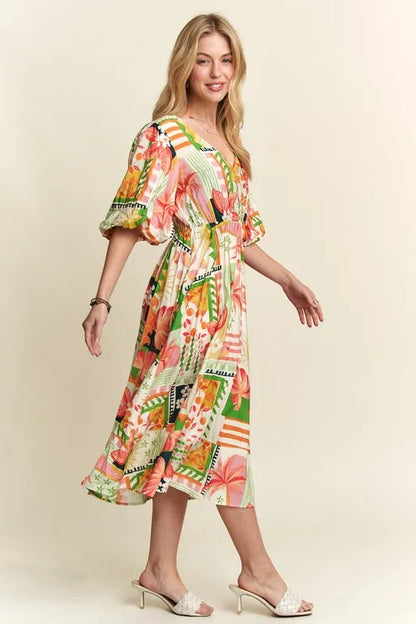New Summer Floral V-Neck Puff Sleeve Midi Dress For Women – Feminine, Charming, Elegant, Eye-Catching, Perfect for Any Occasion