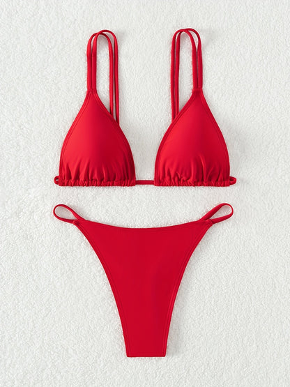 Bikini Solid Color Triangle V Neck 2 Piece Bikini Set for Women – Stretchy Double Strap Tie Back V String Swimwear with Lace Up Detail – Flattering Beach Vacation Swimsuit for Confident Summer Style and Poolside Fashion