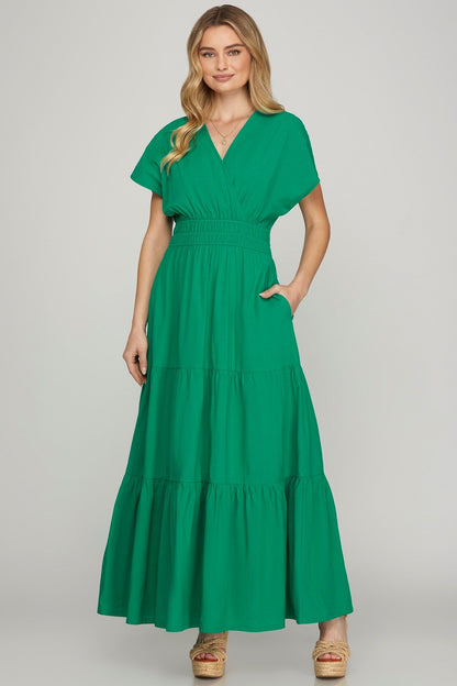 Surplice Short Sleeve Tiered Maxi Dress With Pockets For Women – Fluttering, Elegant and Versatile Maxi Dress with Surplice Neckline and Pockets