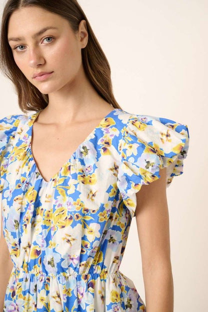 New Summer Floral V-Neck Cap Sleeve Mini Dress For Women – Charming Floral Print Mini Dress with V-Neckline and Cap Sleeves