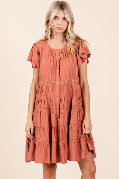 Lace Detail Ruffled Button Down Tiered Dress For Women – Romantic, Fluttering, Trendy, Elegant, Boho, Feminine & Whimsical Style