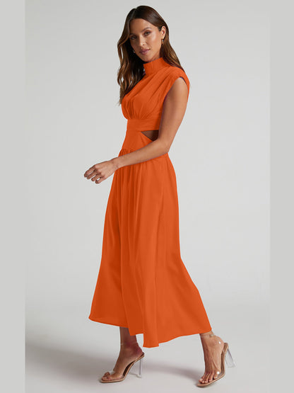 Modern Cutout Mock Neck Sleeveless Ruched Dress Elegant Dress For Women
