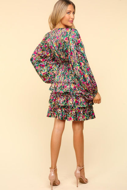 V-Neck Satin Floral Layered Dress – Satin Floral Dress, Layered V-Neck Dress, Elegant Floral Dress, Flowy Satin Dress, Summer Party Dress