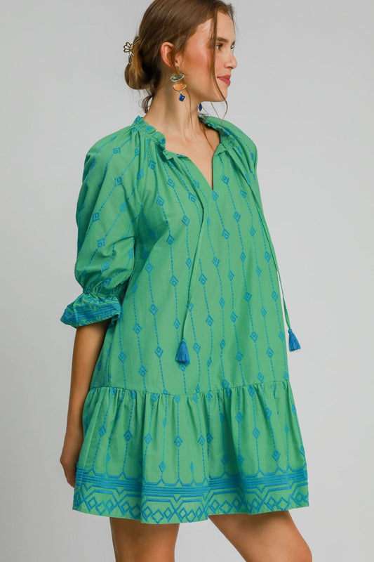 Full Size Tassel Embroidered Sleeve Mini Dress Plus Size Feminine & Stylish Green Dress