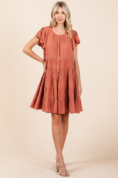 Lace Detail Ruffled Button Down Tiered Dress For Women – Romantic, Fluttering, Trendy, Elegant, Boho, Feminine & Whimsical Style