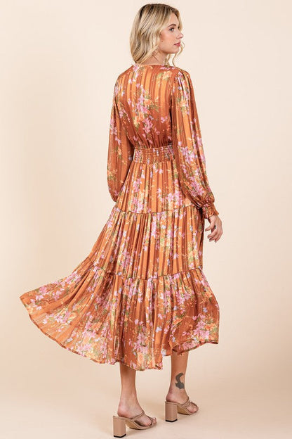 Flower Print Satin Lurex Stripe Smocked Midi Summer Dress – Elegant Midi Dress, Satin Lurex Dress, Floral Dress, Smocked Waist Dress, Romantic Midi Dress, Special Occasion Dress