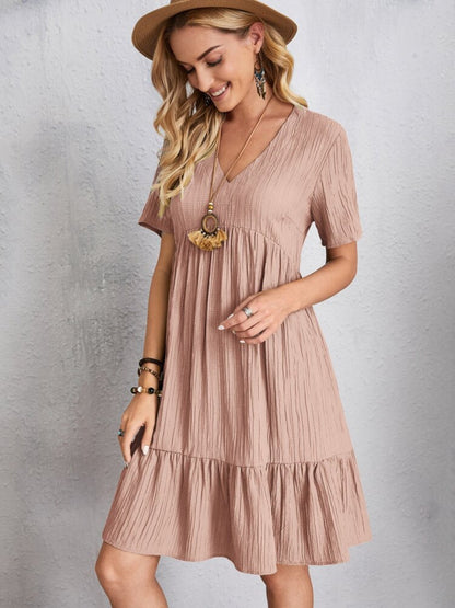 Classic Full Size V-Neck Short Sleeve Dress Casual & Comfortable Dress for Women
