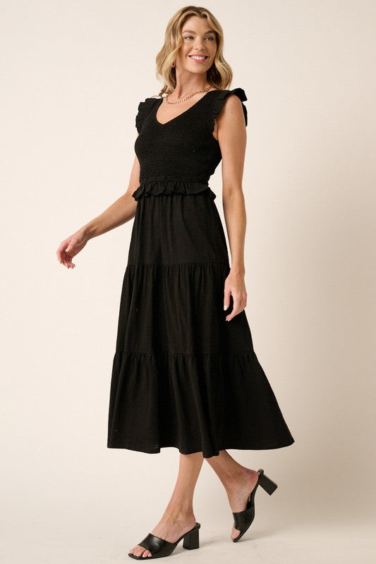 Smocked Ruffled Tiered Midi Dress – Feminine, Romantic, Flattering and Playful Design & Whimsical Style