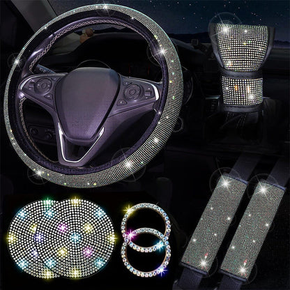 Diamond Set Leather Steering Wheel Cover Rhinestones Steering Wheel Cover With Crystal Breathable Anti-Slip Steering Wheel Protector Diamond Sparkling Car Steering Wheel Protector Vehicle Car Bling Steering Wheel Cover for Women Girls