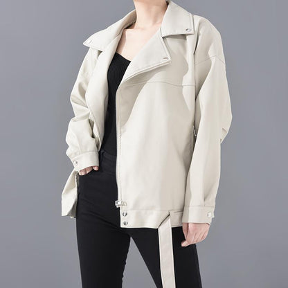 PU Faux Leather Jacket Women Loose Sashes Casual Biker Jackets Outwear Female Tops BF Style Black Leather Jacket Coat