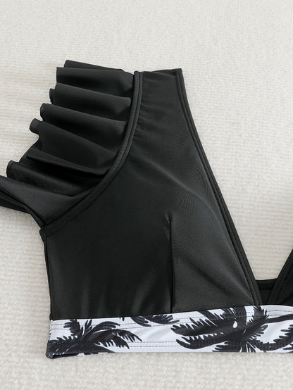 Bikini Black Solid Color Ruffle V Neck 2 Piece Swimsuit for Women – High Waisted Flattering Bikini Set with Lettuce Trim Bottoms – Sleek Stretchy Fabric Swimwear for Beach Days Poolside Style and Summer Vacation Looks