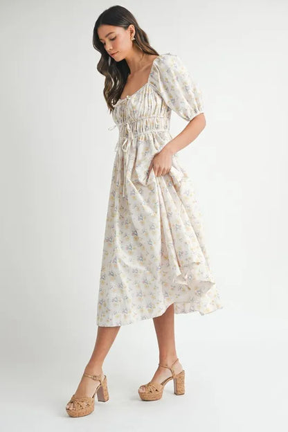 Floral Drawstring Detail Puff Sleeve Midi Dress – Romantic Floral Midi Dress, Ruched Drawstring Dress, Feminine Puff Sleeve Dress, Trendy Garden Party Dress For Summer