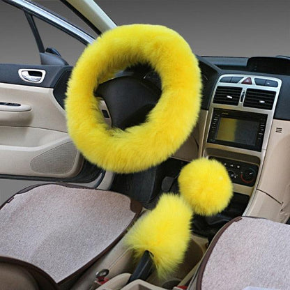 3PCS Fur Steering Wheel Cover Set Real Sheepskin Auto Plush Warm Fluffy Fuzzy Women Winter Fashion Wool Fur Soft Furry Steering Wheel Covers Blue Fluffy Handbrake Cover Gear Shift Cover Fuzz Warm Non-slip Car Decoration Car Accessories for Women Girl