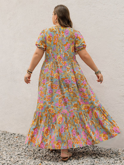 Plus Size Printed V-Neck Short Sleeve Maxi Dress Elegant & Flowy Summer Dress For Girls