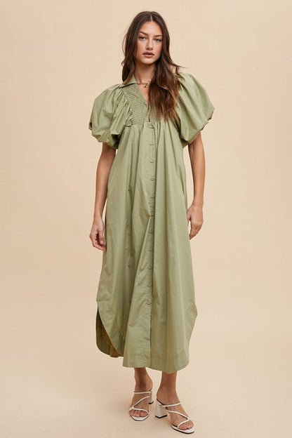 Smocked Puff Sleeve Midi Dress – Feminine Smocked Detailing, Puff Sleeves, and Midi Length for a Trendy and Elegant Look