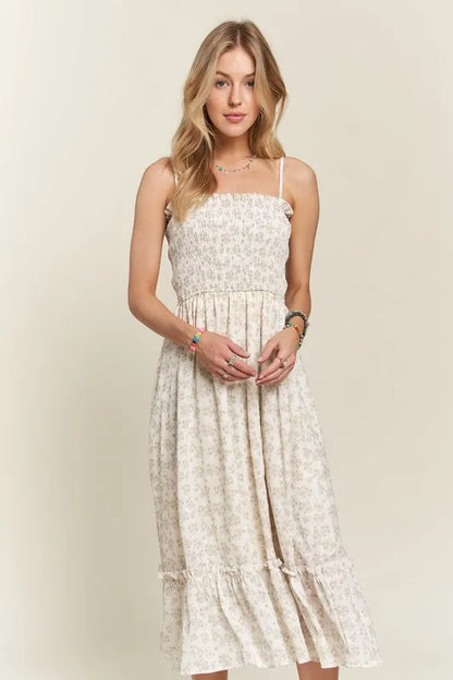 Smocked Floral Ruffled Hem Cami Dress For Women – Boho-Inspired Smocked Floral Cami Fluttering Dress with Playful Ruffled Hem