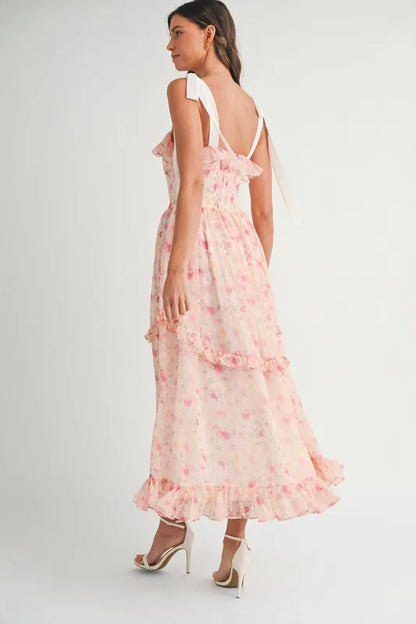 Floral Printed Shoulder Strap Midi Dress For Women – Floral Midi Dress, Shoulder Strap Dress, Ruffled Midi Dress, Feminine Floral Dress, Elegant Occasion Dress