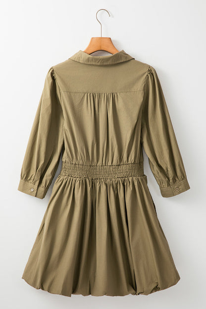 Elegant Green Sleeve Mini Dress Timeless Smocked Design Vintage Dress For Women