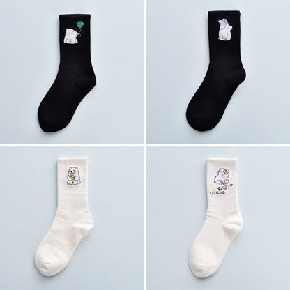4Pair Spring And Summer Combed Out Of Pure Cotton Socks Mid Waist Fashion Bear Socks Cute Animal Socks Kawaii Cute Cartoon Purple College Socks For Men And Women
