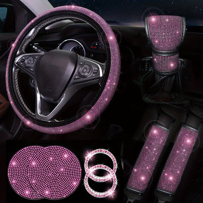 Diamond Set Leather Steering Wheel Cover Rhinestones Steering Wheel Cover With Crystal Breathable Anti-Slip Steering Wheel Protector Diamond Sparkling Car Steering Wheel Protector Vehicle Car Bling Steering Wheel Cover for Women Girls
