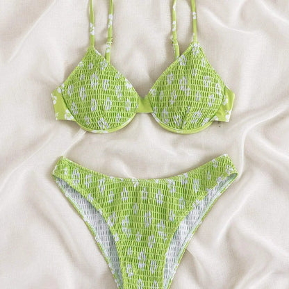 Bikini Ditsy Floral Tie Front Bandeau V Neck 2 Piece Swimsuit for Women – High Cut Cheeky Bikini Set with Hollow Out Detail and Stretchy Polyamide Fabric – Flirty Summer Beachwear for Poolside Style and Tropical Getaways