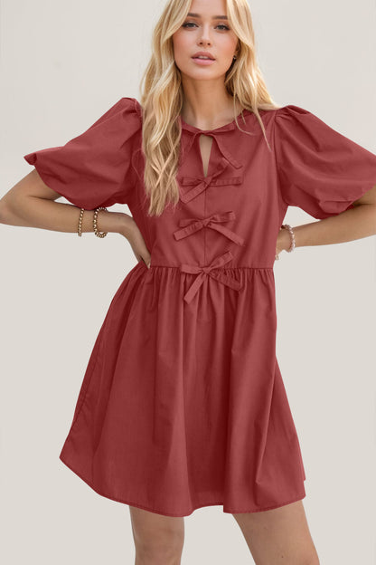 Elegant Ruched Puff Sleeve Mini Dress Vintage Bow Detail Cute Short Dress for Women