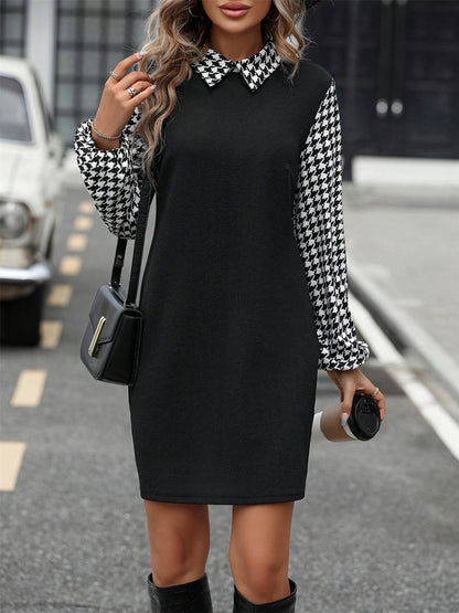Timeless Black Collared Neck Long Sleeve Mini Dress Vintage Design Classic Women Dress