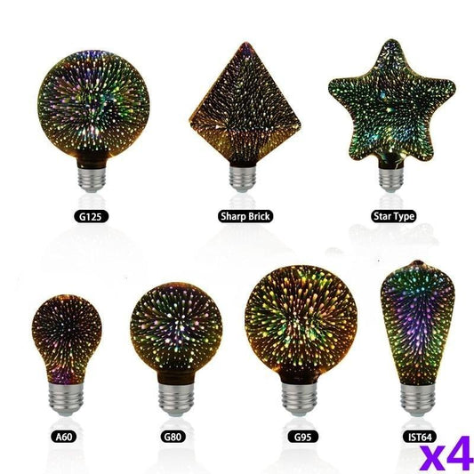 4pcs/lot 3D Led Bulb Star Firework Vintage Edison Night Light Holiday Decoration Lighting Stained Glass Light Bulb Star Shine Decoration Use For Holiday Christmas Decoration