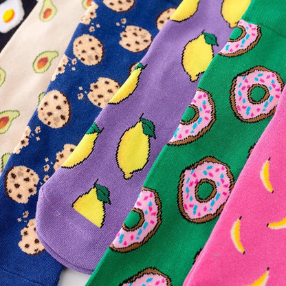 Women's Colorful Cotton Socks Fruits Banana Avocado Lemon Egg Cookie Donuts Food Happy Color Socks