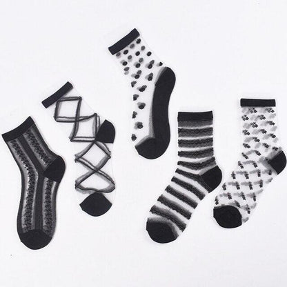 5 Pairs Young Girl Funny Cute Fashion Colorful Candy Dot Red Lips Wave Socks Sweet Women Thin Summer Ankle Crystal Sheer Socks For Women