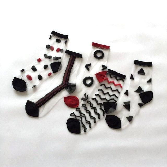5 Pairs Young Girl Funny Cute Fashion Colorful Candy Dot Red Lips Wave Socks Sweet Women Thin Summer Ankle Crystal Sheer Socks For Women