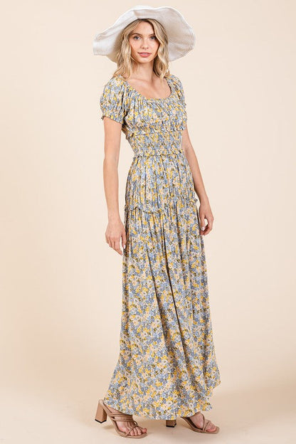 New Summer Flower Print Puff Sleeve Gathered Maxi Dress – Romantic and Feminine Floral Dress with Dramatic Sleeves