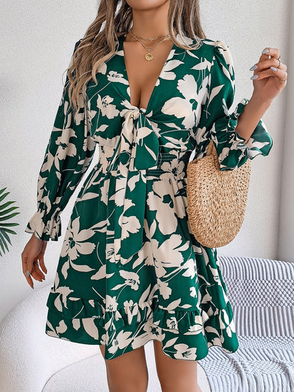 Feminine Lilac Ruffled Printed Long Sleeve Dress Summer Cute Midi Dress