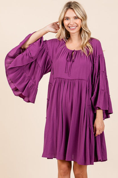 Frill Tie Neck Bell Sleeve Dress For Women – Elegant, Chic and Feminine Dress with Playful Frills and Bell Sleeves