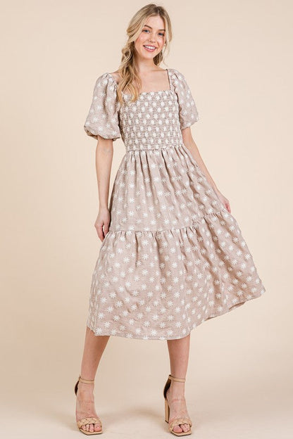 New Floral Embroidered Smocked Puff Sleeve Tiered Midi Dress For Women Elegant,Charming and Feminine Floral Embroidered Midi Dress with Puff Sleeves and Tiered Design