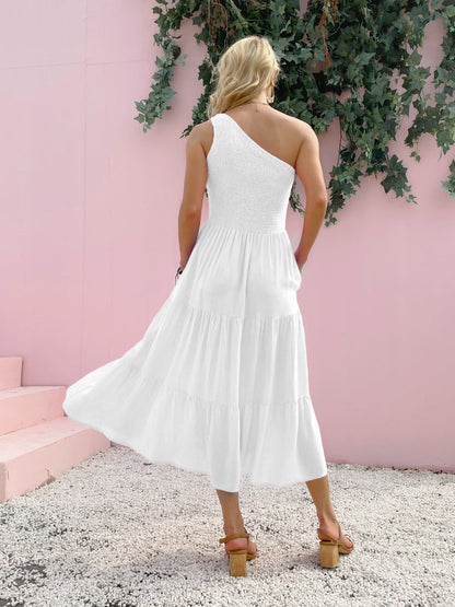 Smocked Single Shoulder Sleeveless Dress Stylish & Comfortable Summer Long Dress Lightweight Dress