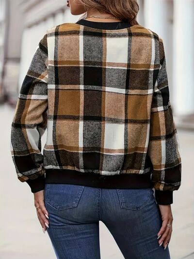 Plus Vintage Size Plaid Baseball Collar Zip-Up Jacket Trendy & Comfortable Outerwear for Any Occasion