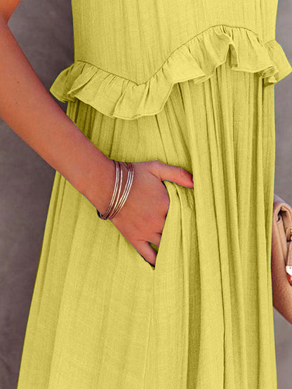 Romantic Ruffled Sleeveless Tiered Maxi Dress with Pockets Elegant & Chic Statement Beautiful Design Dress