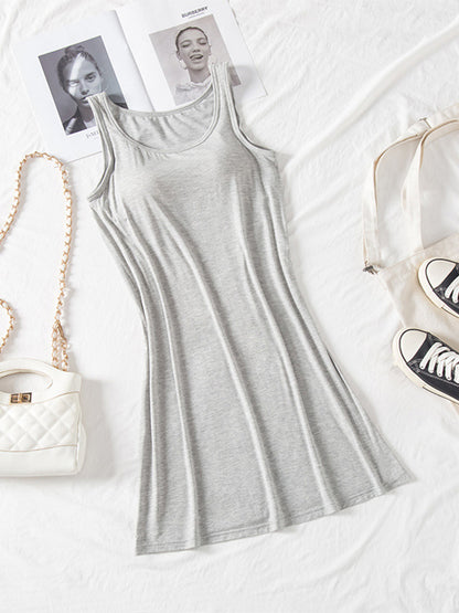 Classic Round Neck Wide Strap Mini Dress With Built-In Bra Comfortable Sleeveless Dress