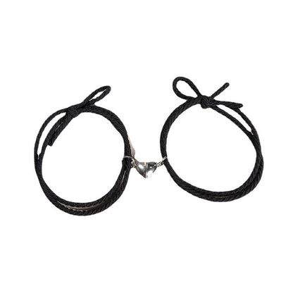 2PCS Magnetic Bracelet Stainless Steel Love Heart Charm Couple Bracelets For Friend Braid Rope Bracelets Magnet Adjustable Rope Matching Bracelet Love Bracelet Couples 2 Pieces Relationship Magnetic Bracelet