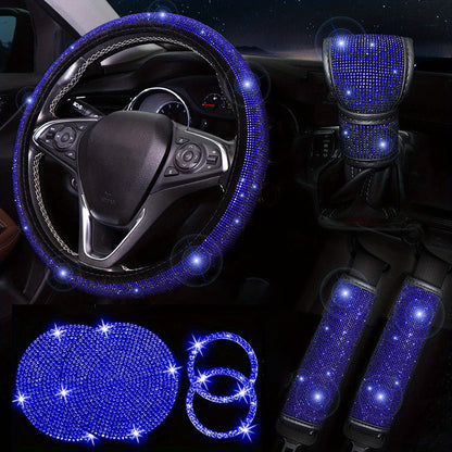 Diamond Set Leather Steering Wheel Cover Rhinestones Steering Wheel Cover With Crystal Breathable Anti-Slip Steering Wheel Protector Diamond Sparkling Car Steering Wheel Protector Vehicle Car Bling Steering Wheel Cover for Women Girls